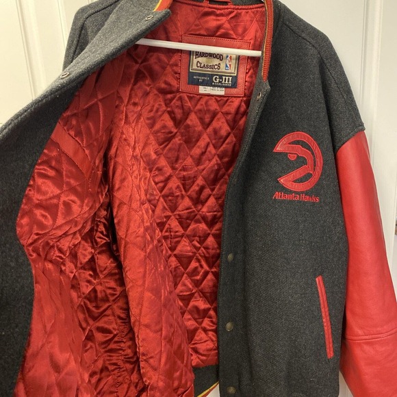 NBA ATLANTA HAWKS Hardwood Classics Wool Leather Jacket G-III Gray Red Men’s XXL - Picture 8 of 16